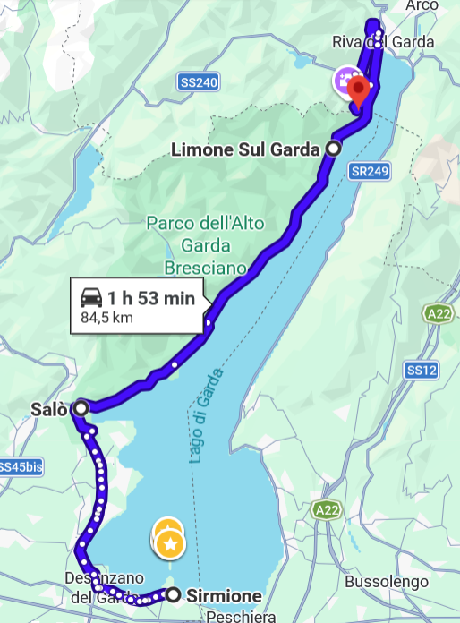 Lac de Garde itinéraire initial salou, limone sul garde, punta larici